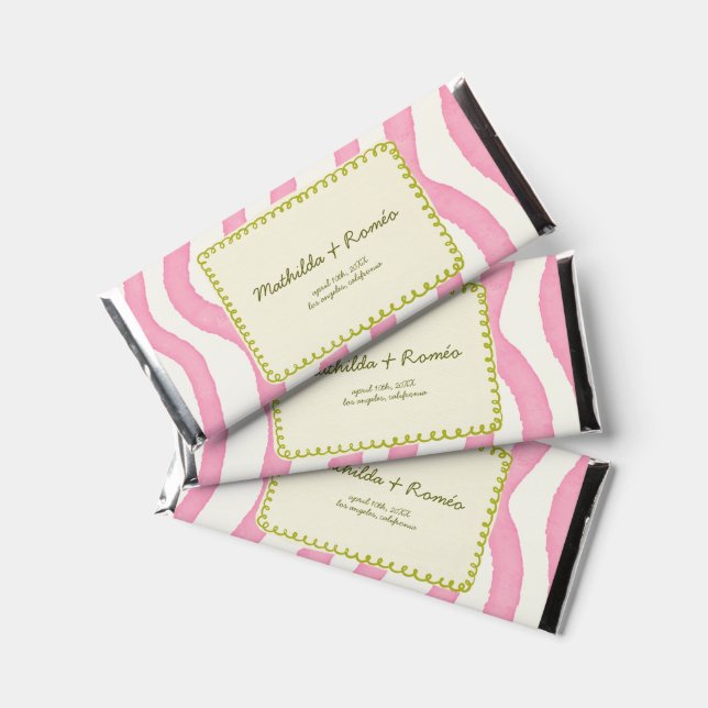 Whimsical Modern Pink & Green Wedding Hershey Bar Favors (Front)