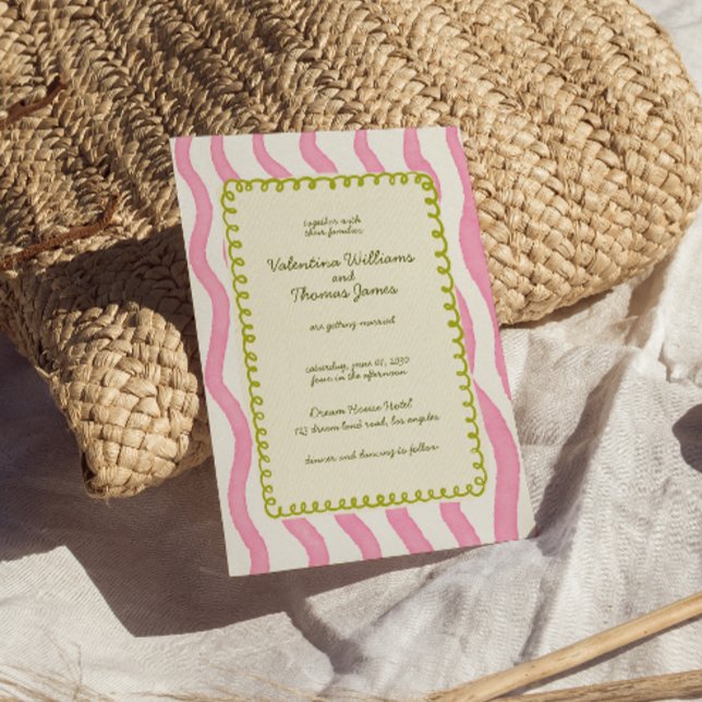 Whimsical Modern Pink & Green Wedding Invitation (Creator Uploaded)