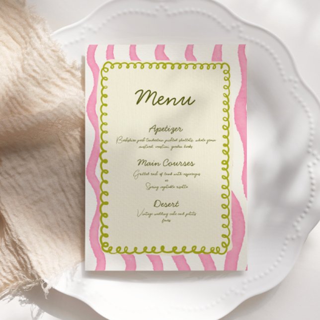 Whimsical Modern Pink & Green Wedding Menu Invitation (Creator Uploaded)