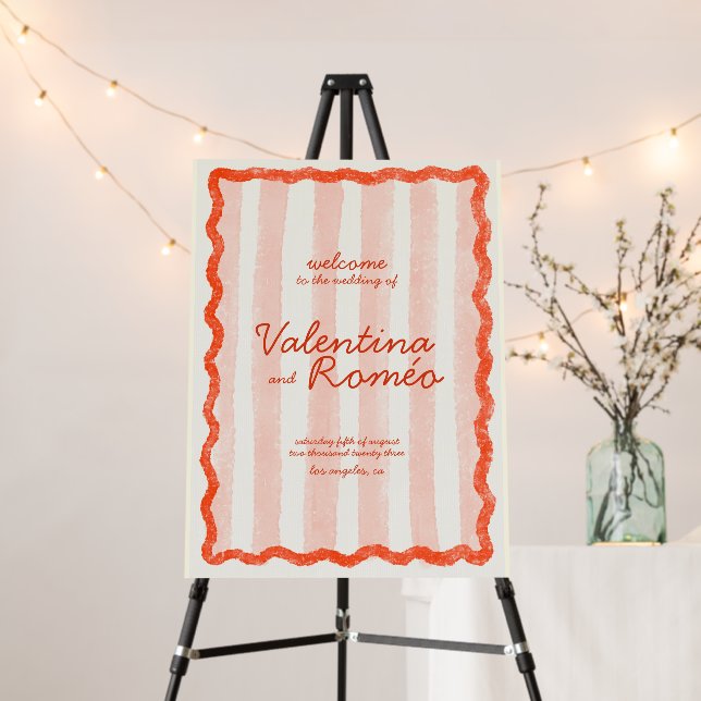 Whimsical Modern Pink & Red Wedding welcome sign (In Situ (Stand))