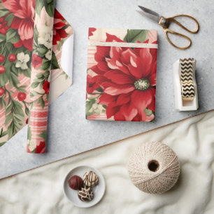 Whimsical Modern Red & Green Christmas Floral Wrapping Paper