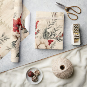 Whimsical Modern Red & Green Christmas Floral Wrapping Paper