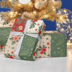 Whimsical Modern Red & Green Christmas Floral Wrapping Paper