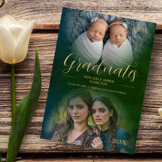 Whimsical Modern Script 2 Photos Graduates Twins Invitation