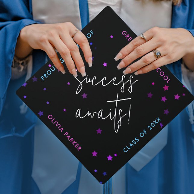  Whimsical Modern Success Black Gold Blue Stars Graduation Cap Topper (Creator Uploaded)