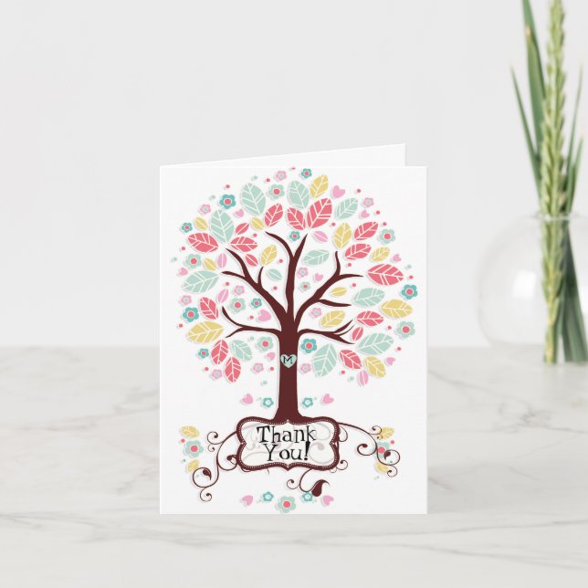 Whimsical Modern Swirl Heart Flower Tree Thank You Card (Front)