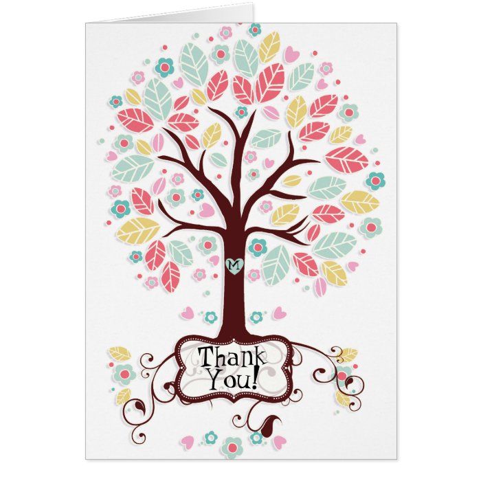 Whimsical Modern Swirl Heart Flower Tree Thank You Card