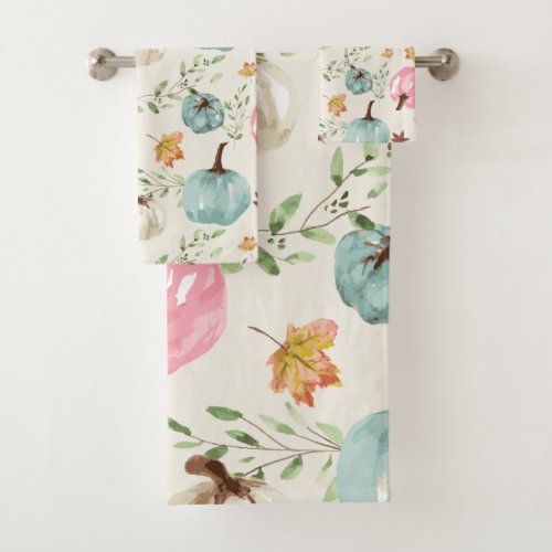 Whimsical Modern watercolor autumn pumpkin foliage Bath Towel Set