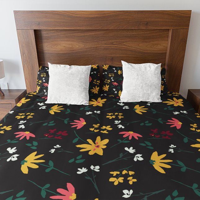 Whimsical Modern Wild flowers on Black  Duvet Cover (Wild flower floral pattern on black duvet cover by Lorena Depante.)