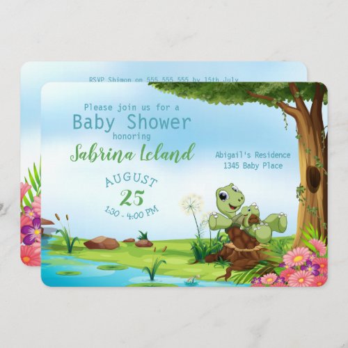 Whimsical Mom and Baby Turtle Animal Baby Shower Invitation