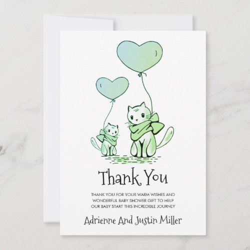 Whimsical Mom Cat Kitten Baby Shower Watercolor Thank You Card