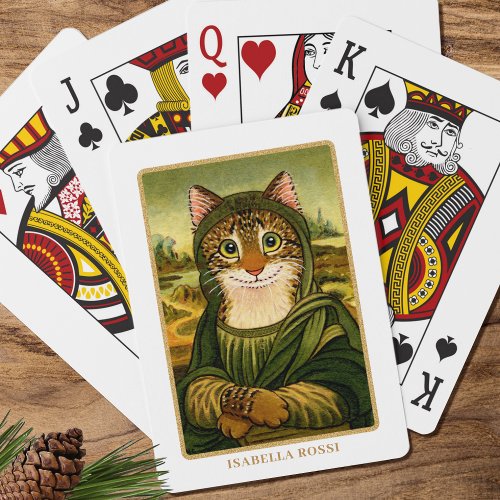 Whimsical Mona Lisa Cat Custom Name Playing Cards