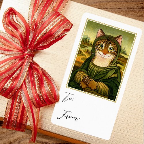Whimsical Mona Lisa Cat Gift Sticker Label