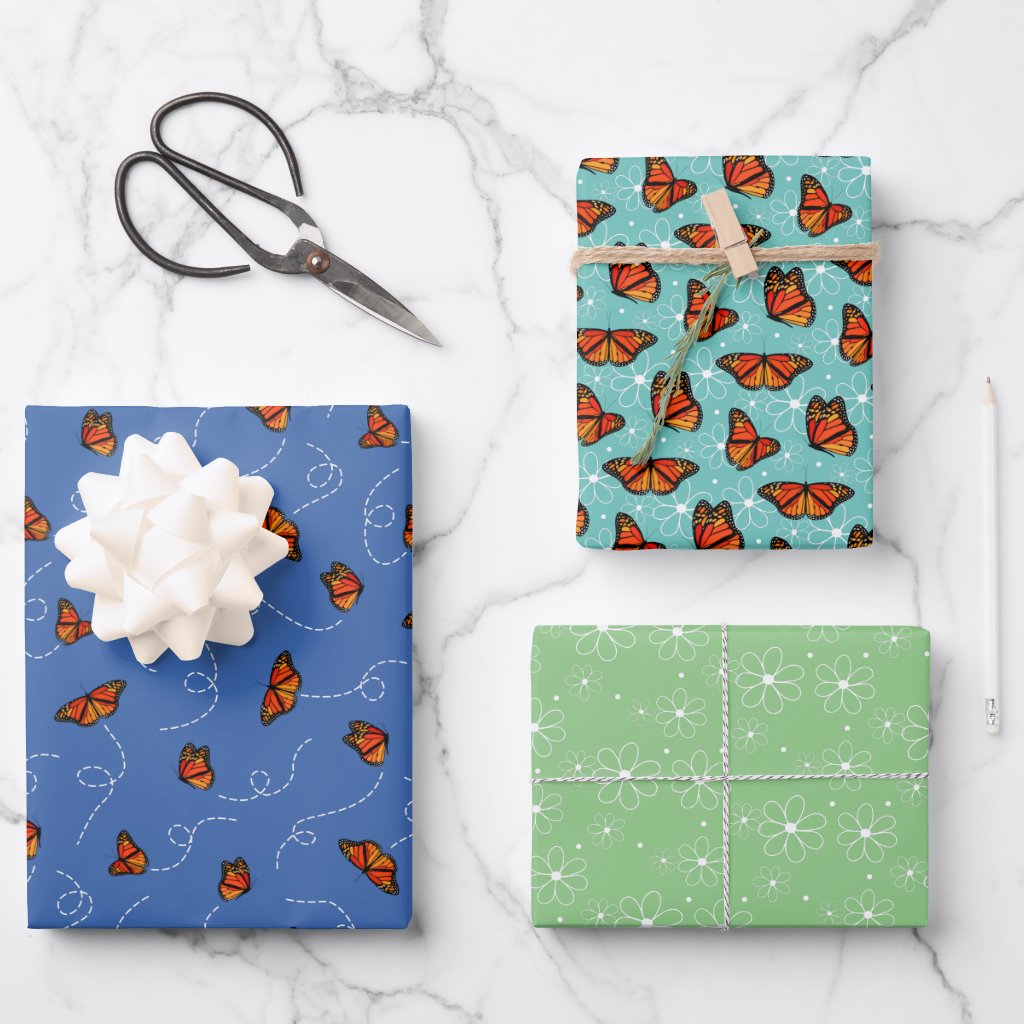whimsical Monarch butterflies doodle flowers wrapping paper sheets