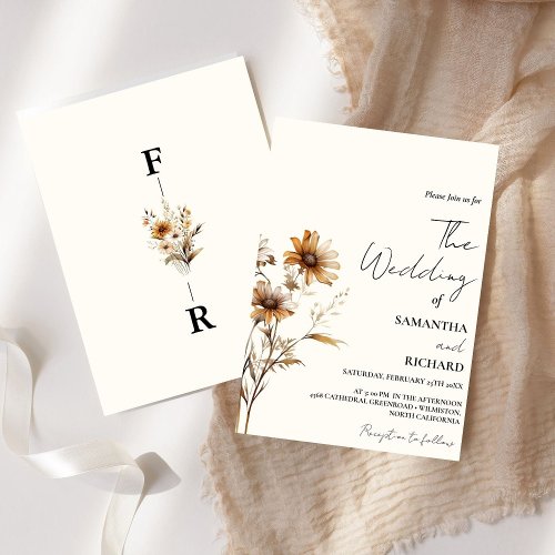 Whimsical Monogram BLack Wildflower Wedding  Invitation