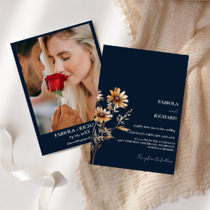 Whimsical Monogram Boho Blue Wildflower Wedding  Invitation