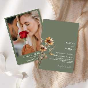 Whimsical Monogram Boho Green Wildflower Wedding Invitation