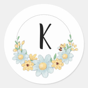 Whimsical Monogram Bumble Bee Classic Round Sticker