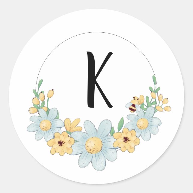 Whimsical Monogram Bumble Bee Classic Round Sticker (Front)
