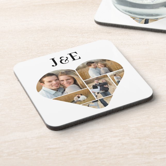Whimsical Monogram Lovely Heart Photo Collage  Beverage Coaster (Left Side)