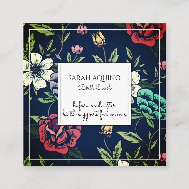 Whimsical Monogrammed Floral Birth Coach Doula Square Business Card (Front)