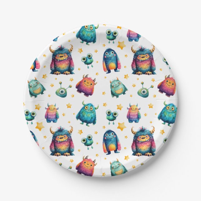Whimsical Monster Pattern Kids' Birthday Party  Paper Plates (Front)