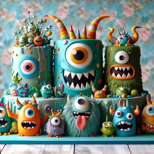 WHIMSICAL MONSTERS CAKE KIDS BIRTHDAY  INVITATION