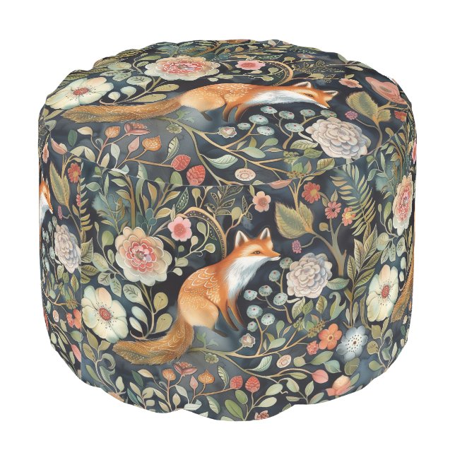 Whimsical Moody Dark Floral Fox and Flowers  Pouf (Angled Back)