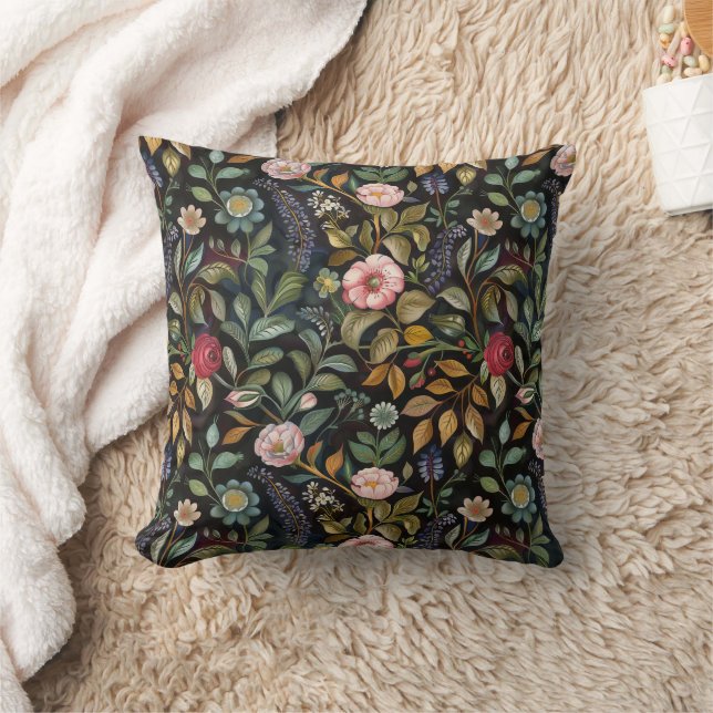 Whimsical Moody Maximalist Dark Floral Botanical  Throw Pillow (Blanket)