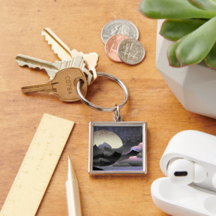Whimsical Moon and Mountains Abstract Art Keychain