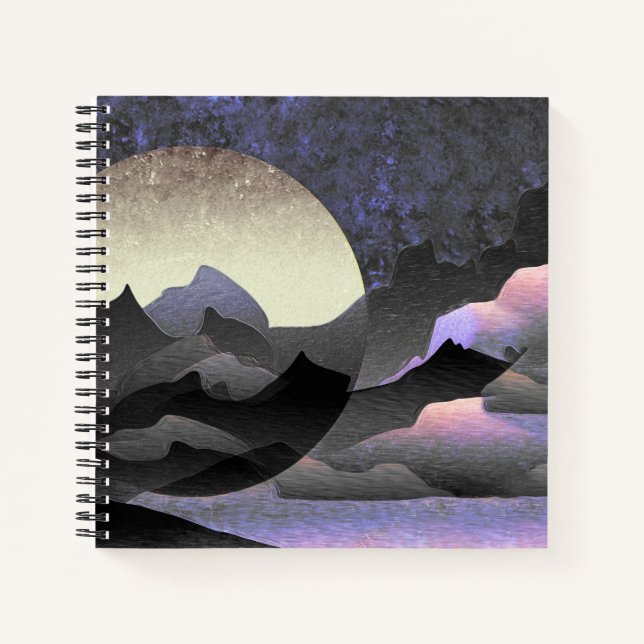 Whimsical Moon and Mountains Abstract Art Notebook (Front)