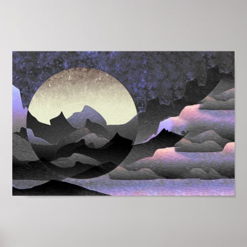 Whimsical Moon and Mountains Abstract Art Poster