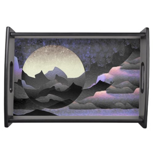 Whimsical Moon and Mountains Abstract Art Serving Tray