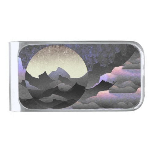 Whimsical Moon and Mountains Abstract Art Silver Finish Money Clip