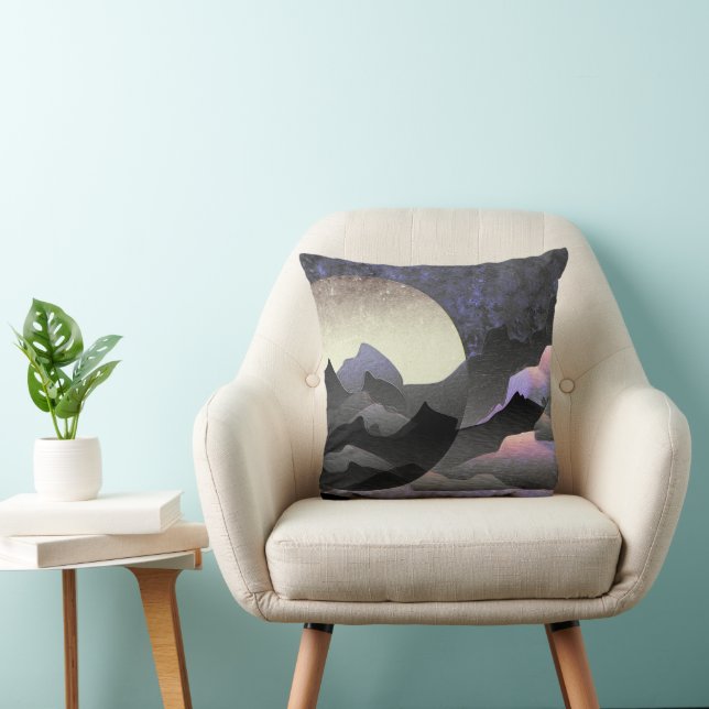 Whimsical Moon and Mountains Abstract Art Throw Pillow (Chair)