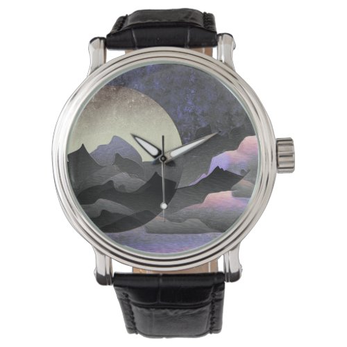 Whimsical Moon and Mountains Abstract Art Watch