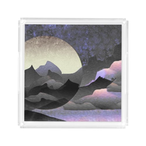 Whimsical Moon and Mountains Art Acrylic Tray