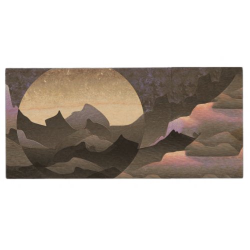 Whimsical Moon and Mountains Art Wood Flash Drive