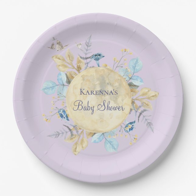 Whimsical Moon Lavender Purple Baby Shower Paper Plates (Front)