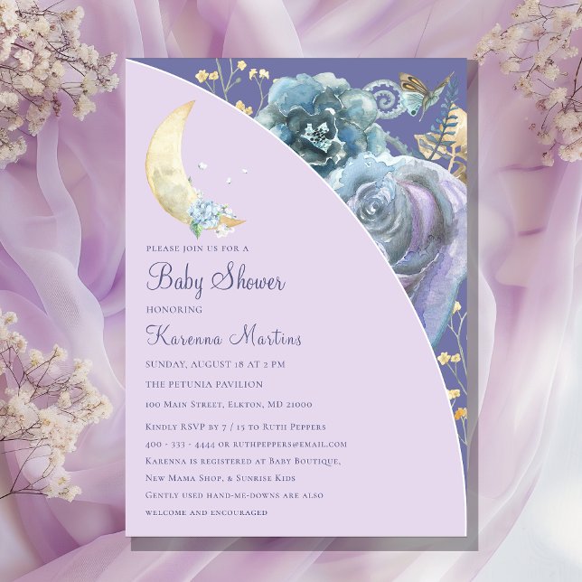 Whimsical Moon Lavender Purple Script Baby Shower Invitation (Creator Uploaded)