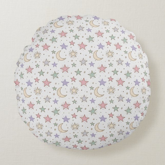 Whimsical Moon Star Pattern Round Pillow (Front)