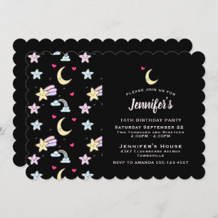 Whimsical Moon, Stars and Clouds on Black Birthday Invitation