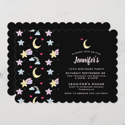 Whimsical Moon Stars and Clouds on Black Birthday Invitation