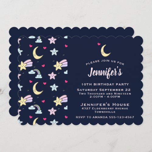 Whimsical Moon Stars and Clouds on Blue Birthday Invitation