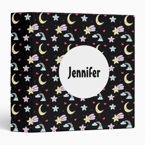 Whimsical Moon Stars and Clouds Pattern on Black 3 Ring Binder
