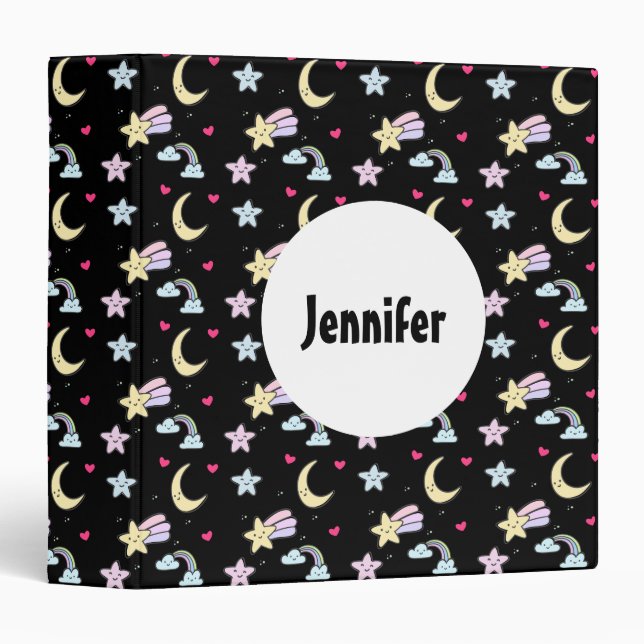 Whimsical Moon, Stars and Clouds Pattern on Black 3 Ring Binder (Front/Spine)