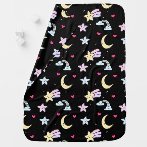 Whimsical Moon Stars and Clouds Pattern on Black Baby Blanket