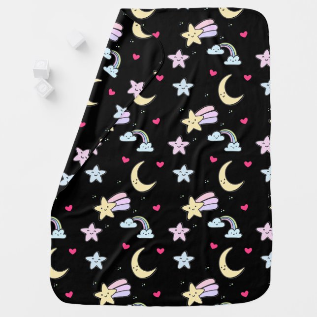 Whimsical Moon, Stars and Clouds Pattern on Black Baby Blanket (In Situ)
