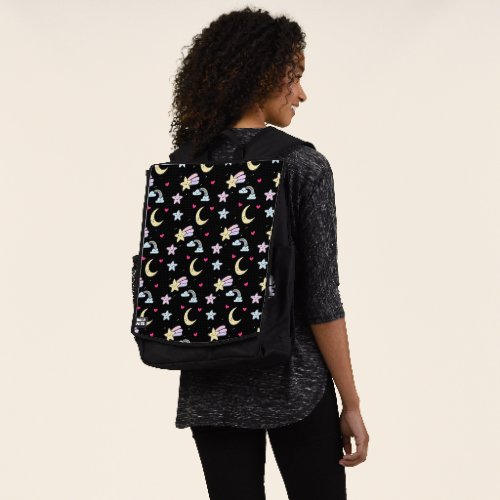 Whimsical Moon Stars and Clouds Pattern on Black Backpack