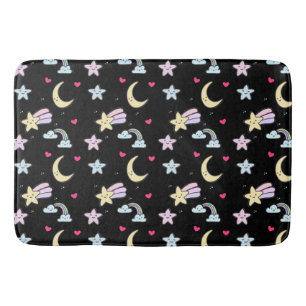 Whimsical Moon, Stars and Clouds Pattern on Black Bath Mat